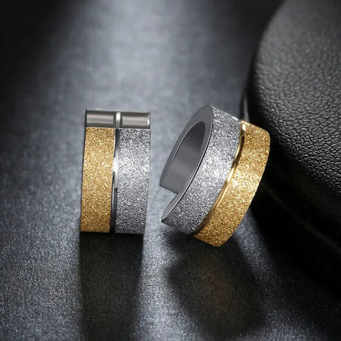 2 Tone Titanium Frosted Wide Gold Silver Hypoallergenic Men Women Hoop Earrings